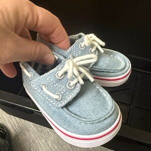 Sperry Blue Moccasins with White Accents